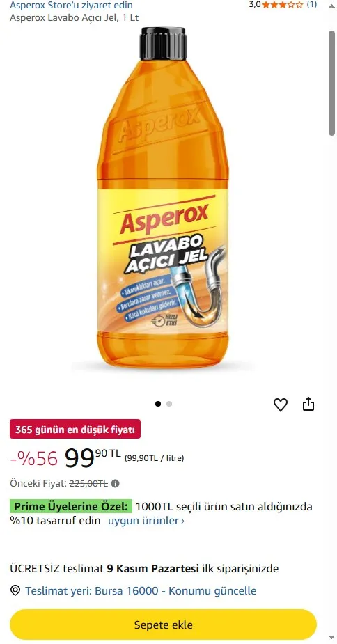 Asperox Lavabo Açıcı Jel, 1 Lt