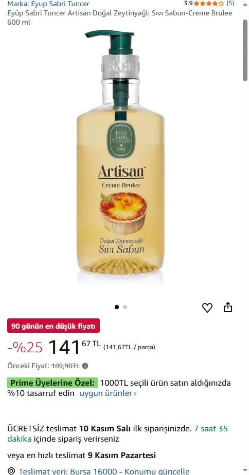Eyüp Sabri Tuncer Artisan Doğal Zeytinyağlı Sıvı Sabun-Creme Brulee 600 ml