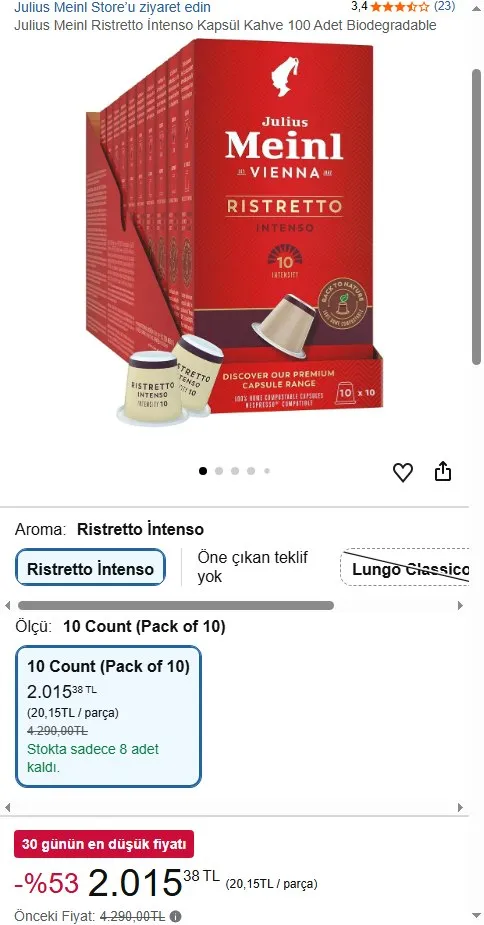 Julius Meinl Ristretto İntenso Kapsül Kahve 100 Adet Biodegradable