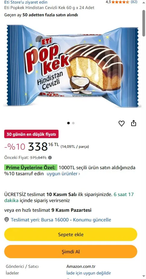 Eti Popkek Hindistan Cevizli Kek 60 g x 24 Adet