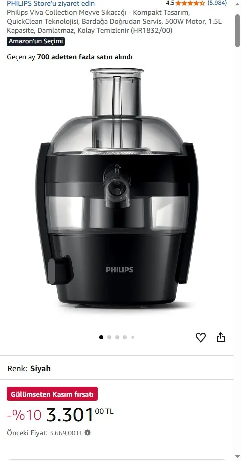 Philips Viva Collection Meyve Sıkacağı - Kompakt Tasarım, QuickClean Teknolojisi, Bardağa Doğrudan Servis, 500W Motor, 1.5L Kapasite, Damlatmaz, Kolay Temizlenir (HR1832/00)