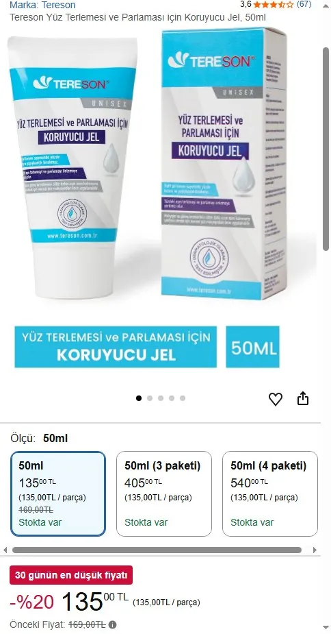 Tereson Yüz Terlemesi ve Parlaması için Koruyucu Jel, 50ml