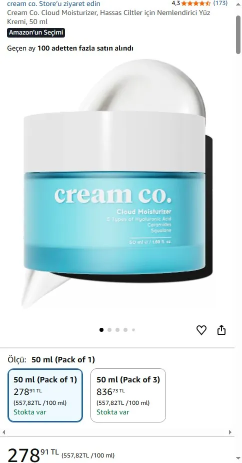 Cream Co. Cloud Moisturizer, Hassas Ciltler için Nemlendirici Yüz Kremi, 50 ml