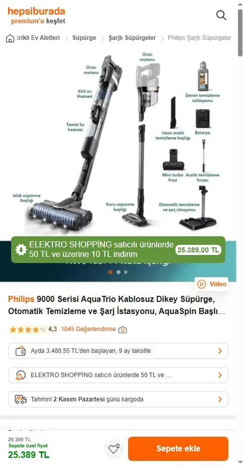 Philips 9000 Serisi AquaTrio Kablosuz Dikey Süpürge, Otomatik Temizleme ve Şarj İstasyonu, AquaSpin Başlık, PowerCyclone Aqua, XW9463/11