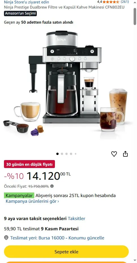 Ninja Prestige Dualbrew Filtre ve Kapsül Kahve Makinesi CFN802EU