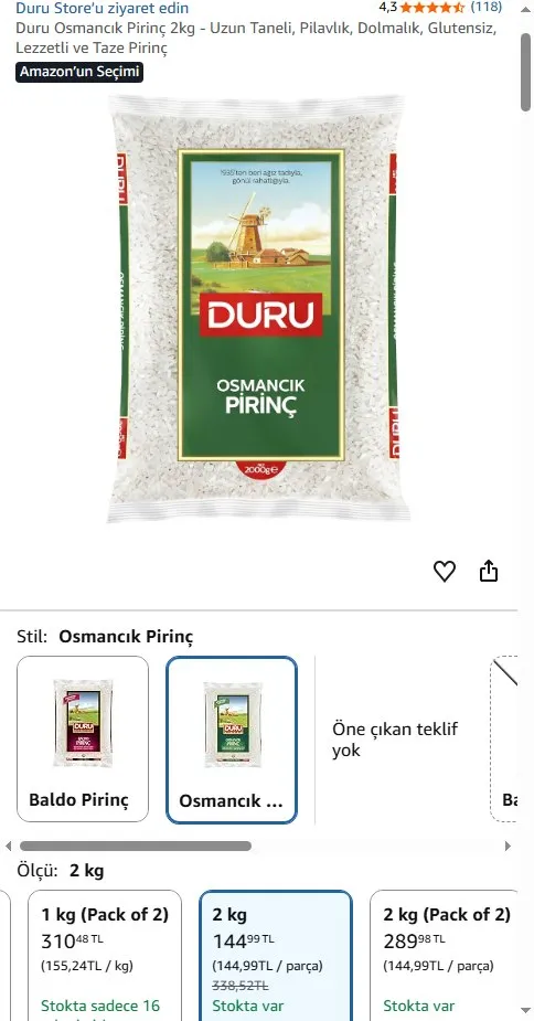 Duru Osmancık Pirinç 2kg - Uzun Taneli, Pilavlık, Dolmalık, Glutensiz, Lezzetli ve Taze Pirinç