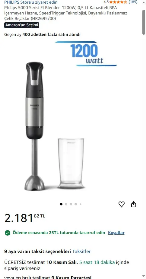 Philips 5000 Serisi El Blender, 1200W, 0,5 Lt Kapasiteli BPA İçermeyen Hazne, SpeedTrigger Teknolojisi, Dayanıklı Paslanmaz Çelik Bıçaklar (HR2695/00)