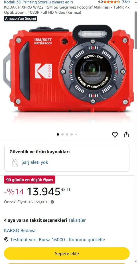 KODAK PIXPRO WPZ2 15M Su Geçirmez Fotoğraf Makinesi - 16MP, 4x Optik Zoom, 1080P Full HD Video (Kırmızı)