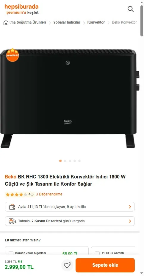 Beko BK RHC 1800 Elektrikli Konvektör Isıtıcı 1800 W Güçlü ve Şık Tasarım ile Konfor Sağlar