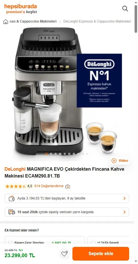 DeLonghi MAGNIFICA EVO Çekirdekten Fincana Kahve Makinesi ECAM290.81.TB