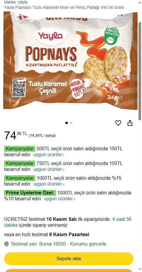 Yayla Popnays Tuzlu Karamel Mısır ve Pirinç Patlağı 4'lü 34 Gram
