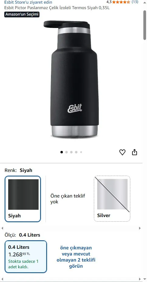 Esbit Pictor Paslanmaz Çelik İzoleli Termos Siyah 0,35L