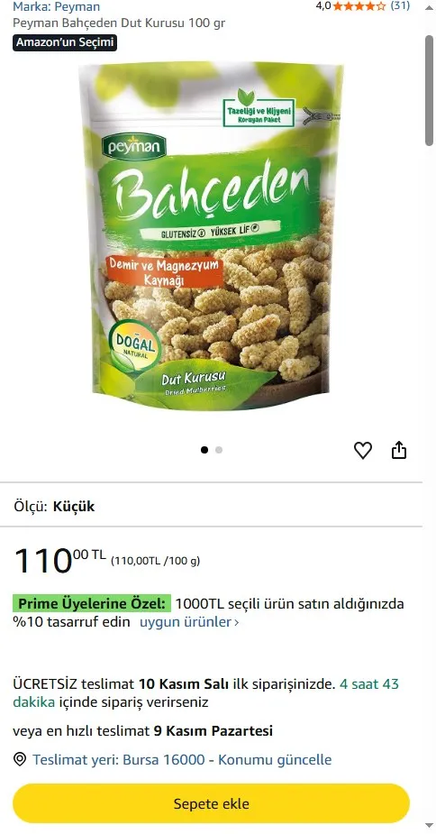 Peyman Bahçeden Dut Kurusu 100 gr