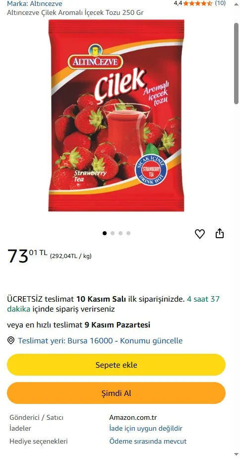 Altıncezve Çilek Aromalı İçecek Tozu 250 Gr