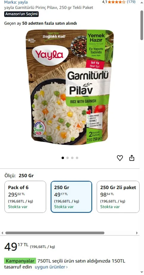 yayla Garnitürlü Pirinç Pilavı, 250 gr Tekli Paket