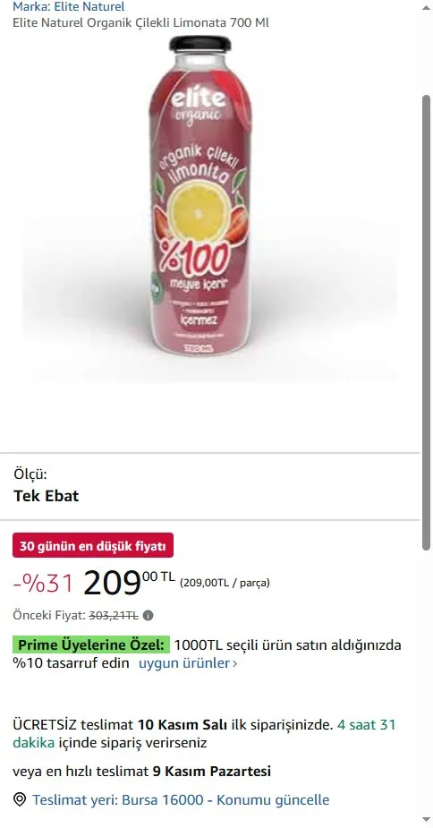 Elite Naturel Organik Çilekli Limonata 700 Ml