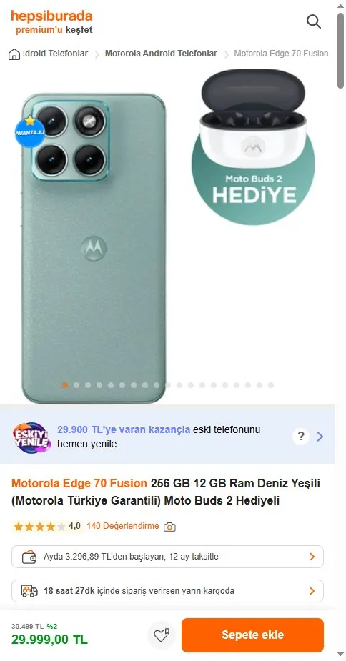 Motorola Edge 70 Fusion 256 GB 12 GB Ram Deniz Yeşili (Motorola Türkiye Garantili) Moto Buds 2 Hediyeli