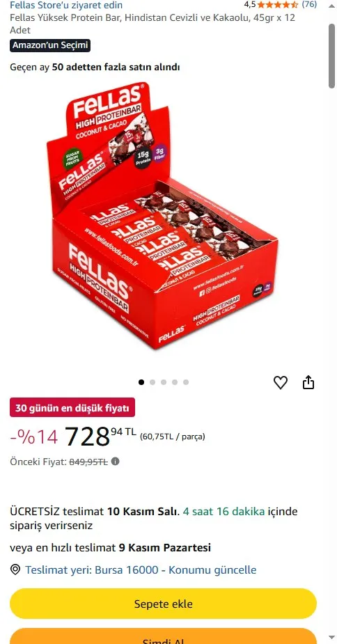 Fellas Yüksek Protein Bar, Hindistan Cevizli ve Kakaolu, 45gr x 12 Adet