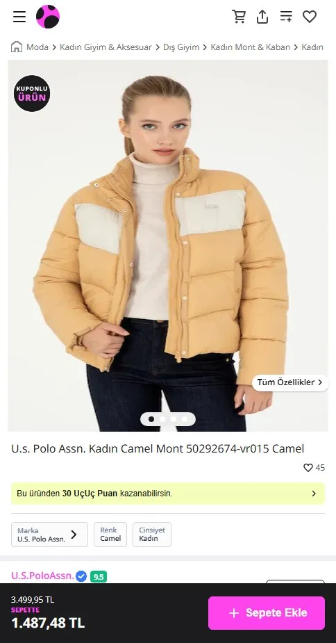 U.s. Polo Assn. Kadın Camel Mont 50292674-vr015 Camel