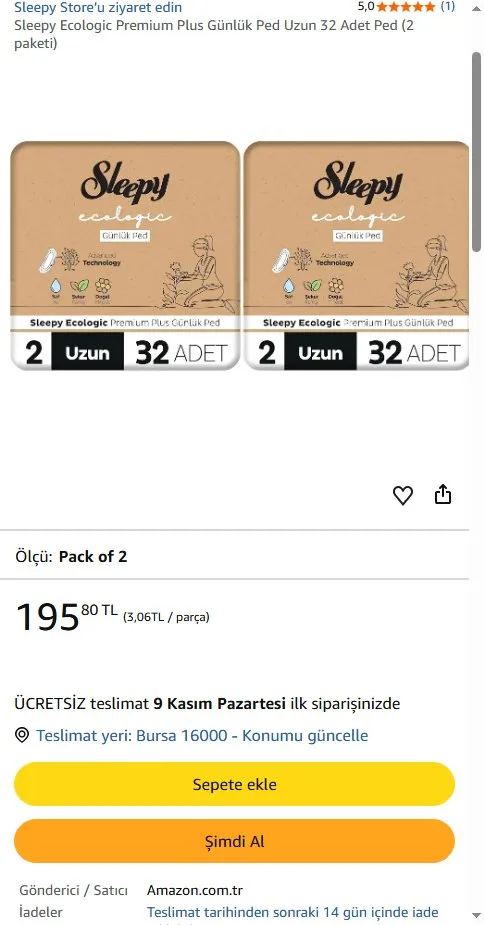 Sleepy Ecologic Premium Plus Günlük Ped Uzun 32 Adet Ped (2 paketi)