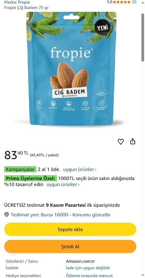 Fropie Çiğ Badem 75 gr