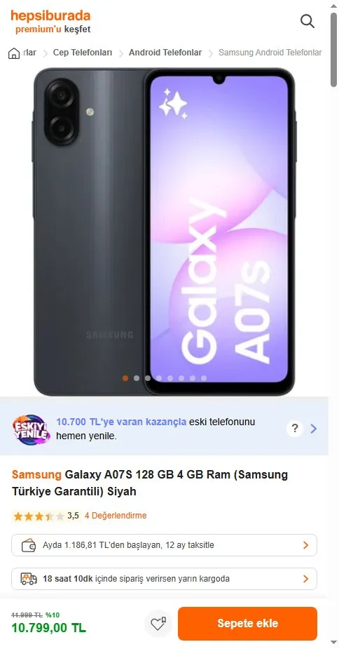 Samsung Galaxy A07S 128 GB 4 GB Ram (Samsung Türkiye Garantili) Siyah
