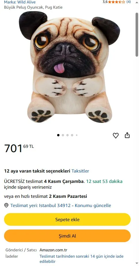 Büyük Peluş Oyuncak, Pug Katie