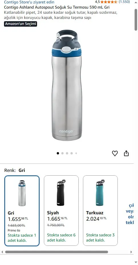 Contigo Ashland Autospout Soğuk Su Termosu 590 mL Gri