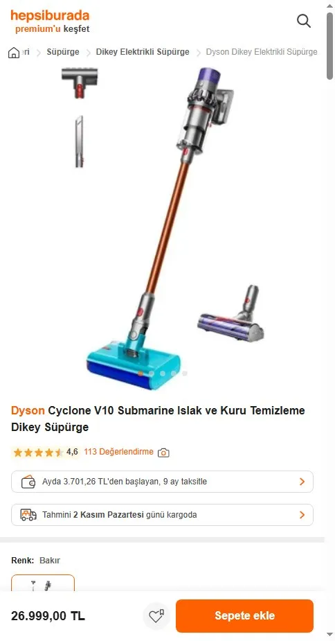Dyson Cyclone V10 Submarine Islak ve Kuru Temizleme Dikey Süpürge