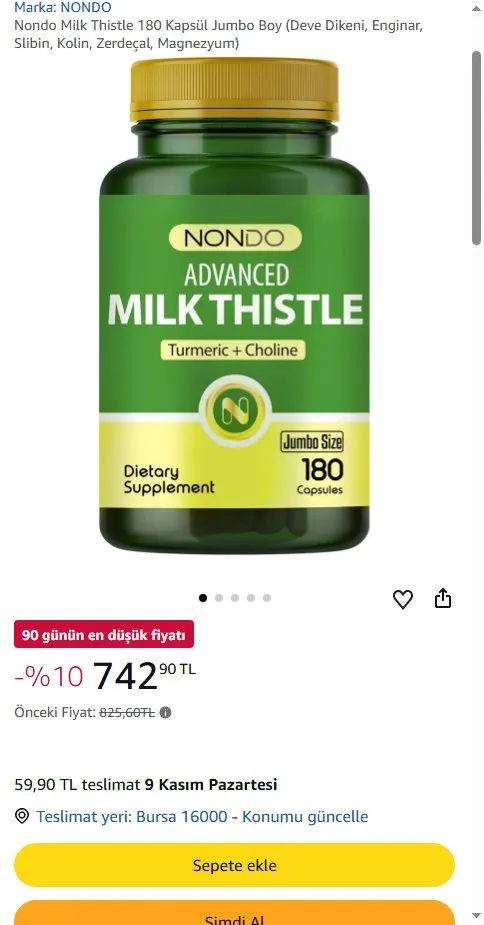 Nondo Milk Thistle 180 Kapsül Jumbo Boy (Deve Dikeni, Enginar, Slibin, Kolin, Zerdeçal, Magnezyum)