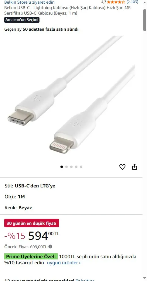 Belkin USB-C - Lightning Kablosu (Hızlı Şarj Kablosu) Hızlı Şarj MFi Sertifikalı USB-C Kablosu (Beyaz, 1 m)