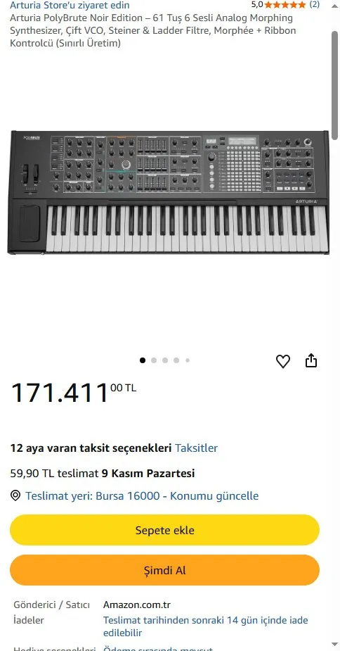 Arturia PolyBrute Noir Edition – 61 Tuş 6 Sesli Analog Morphing Synthesizer, Çift VCO, Steiner & Ladder Filtre, Morphée + Ribbon Kontrolcü (Sınırlı Üretim)