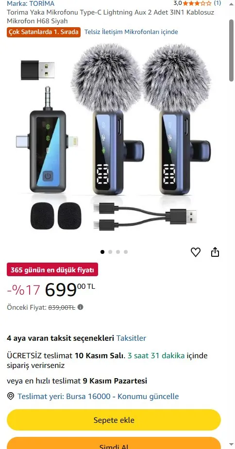Torima Yaka Mikrofonu Type-C Lightning Aux 2 Adet 3IN1 Kablosuz Mikrofon H68 Siyah