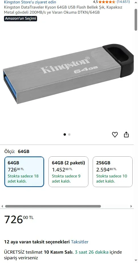 Kingston DataTraveler Kyson 64GB USB Flash Bellek Şık, Kapaksız Metal gövdeli 200MB/s ye Varan Okuma DTKN/64GB