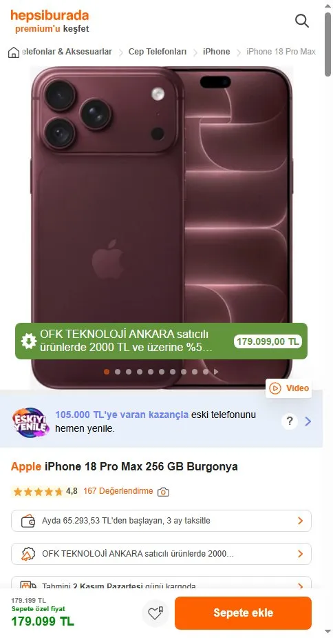 Apple iPhone 18 Pro Max 256 GB Burgonya