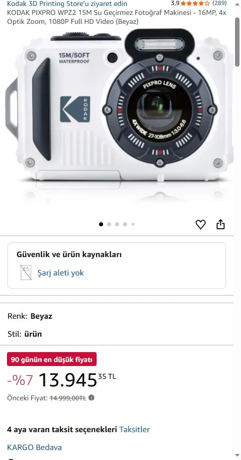 KODAK PIXPRO WPZ2 15M Su Geçirmez Fotoğraf Makinesi - 16MP, 4x Optik Zoom, 1080P Full HD Video (Beyaz)