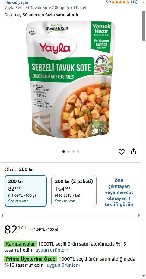 Yayla Sebzeli Tavuk Sote 200 gr Tekli Paket