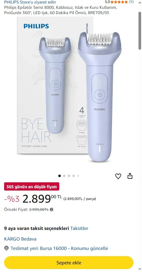 Philips Epilatör Serisi 8000, Kablosuz, Islak ve Kuru Kullanım, ProGuide 360°, LED Işık, 60 Dakika Pil Ömrü, BRE709/05